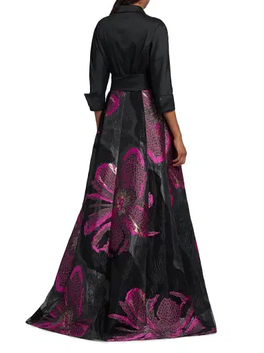 Teri Jon by Rickie Freeman Women's Metallic Floral Jacquard Gown - Black Magenta | Thumbnail 5