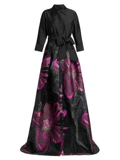 Teri Jon by Rickie Freeman Women's Metallic Floral Jacquard Gown - Black Magenta | Thumbnail 1