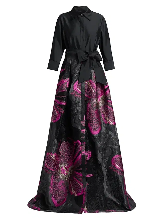 Women's Metallic Floral Jacquard Gown - Black Magenta Women's Metallic Floral Jacquard Gown - Black Magenta