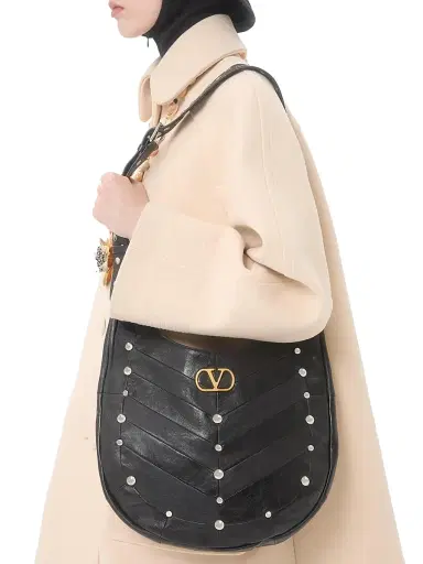 Valentino Garavani Women's Hoboho Hobo Bag in Chevron Pattern Nappa Leather with Studs - Black | Thumbnail 7