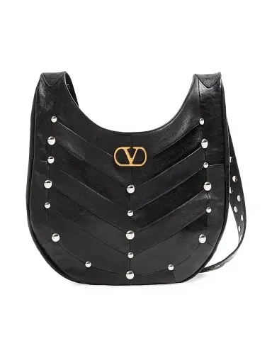 Valentino Garavani Women's Hoboho Hobo Bag in Chevron Pattern Nappa Leather with Studs - Black | Thumbnail 1