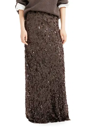 Brunello Cucinelli Women's Crispy Silk Long Mermaid Skirt with Swing Drops Embroidery - Cocoa | Thumbnail 2