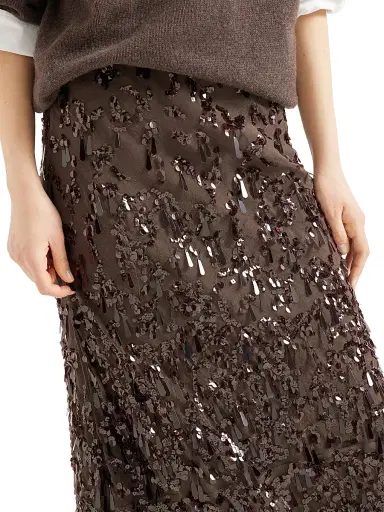 Brunello Cucinelli Women's Crispy Silk Long Mermaid Skirt with Swing Drops Embroidery - Cocoa | Thumbnail 4