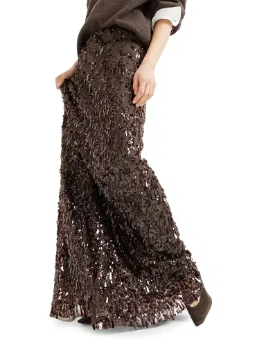 Brunello Cucinelli Women's Crispy Silk Long Mermaid Skirt with Swing Drops Embroidery - Cocoa | Thumbnail 5