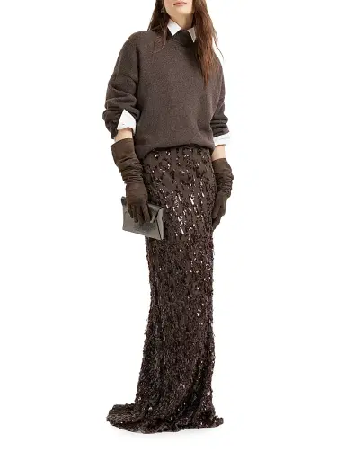 Brunello Cucinelli Women's Crispy Silk Long Mermaid Skirt with Swing Drops Embroidery - Cocoa | Thumbnail 6