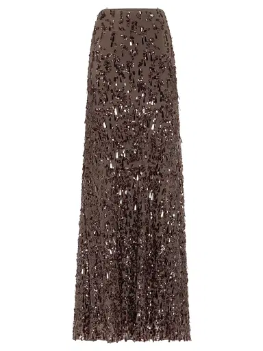 Brunello Cucinelli Women's Crispy Silk Long Mermaid Skirt with Swing Drops Embroidery - Cocoa | Thumbnail 1