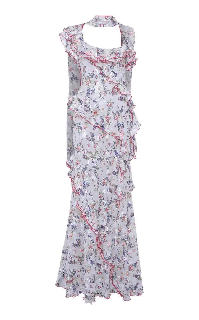 Monica Scarf-Detailed Devoré Chiffon Maxi Dress