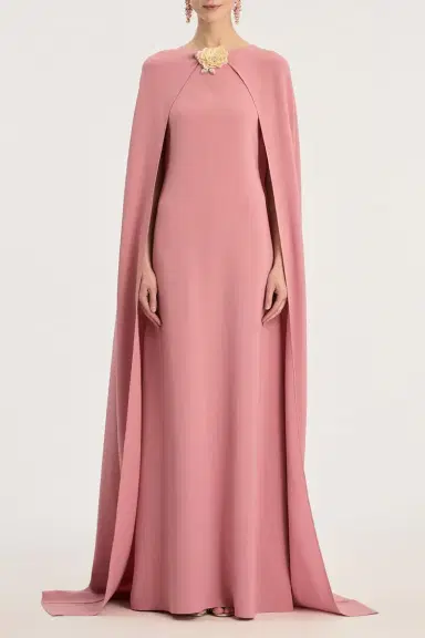 Oscar de la Renta Draped Sleeve Brooch Caftan Gown | Thumbnail 2