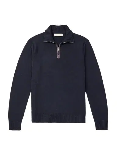 Purdey Leather-Trimmed Cashmere Half-Zip Sweater - Men | Thumbnail 1 Purdey Leather-Trimmed Cashmere Half-Zip Sweater - Men | Thumbnail 1