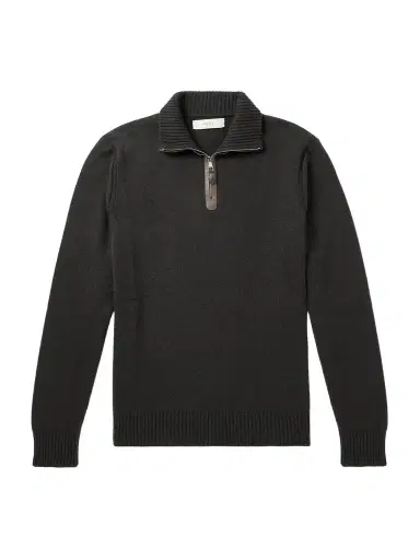 Purdey Leather-Trimmed Cashmere Half-Zip Sweater - Men | Thumbnail 1 Purdey Leather-Trimmed Cashmere Half-Zip Sweater - Men | Thumbnail 1