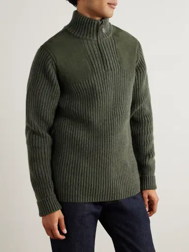 Purdey Commando Suede-Trimmed Ribbed Wool Half-Zip Sweater - Men | Thumbnail 3 Purdey Commando Suede-Trimmed Ribbed Wool Half-Zip Sweater - Men | Thumbnail 3