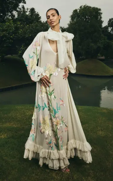 La Fuori White Whimsical Embroidered Silk Dress | Thumbnail 2