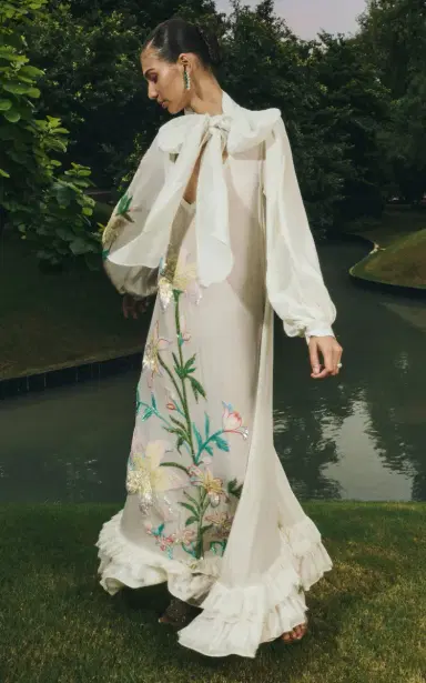 La Fuori White Whimsical Embroidered Silk Dress | Thumbnail 4