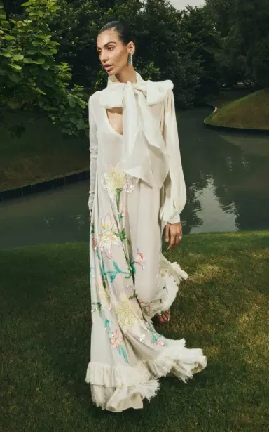 La Fuori White Whimsical Embroidered Silk Dress | Thumbnail 8