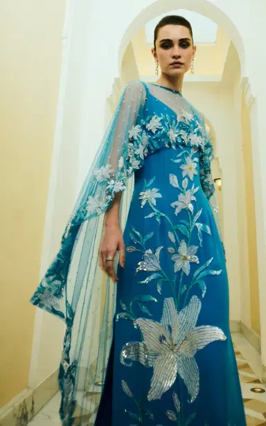 La Fuori Aqua Lily Garden Emb Embroidered Silk Dress | Thumbnail 7