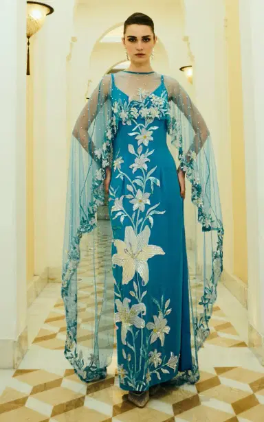 La Fuori Aqua Lily Garden Emb Embroidered Silk Dress | Thumbnail 10