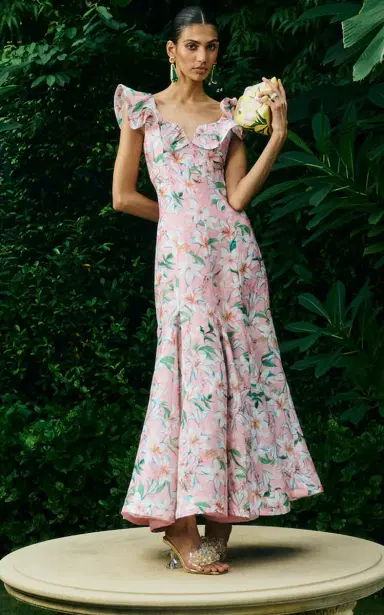 La Fuori Pink Lily Blossom Linen-Silk Dress | Thumbnail 2