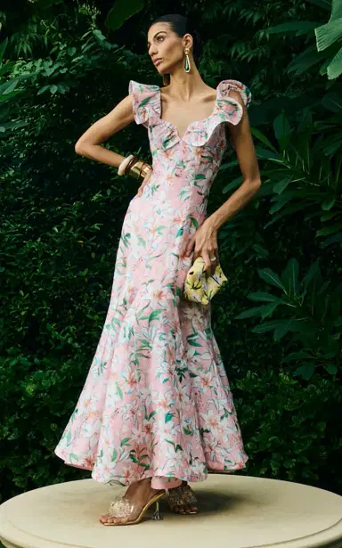 La Fuori Pink Lily Blossom Linen-Silk Dress | Thumbnail 3