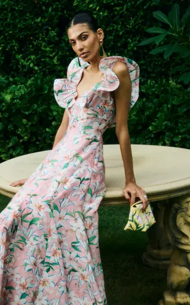 La Fuori Pink Lily Blossom Linen-Silk Dress | Thumbnail 4