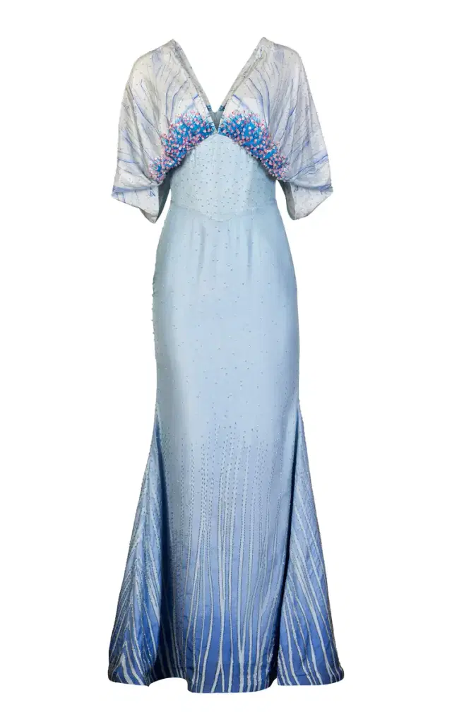 Cerulean Lines Embroidered Silk Gown
