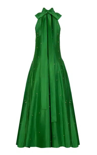 La Fuori Lush Emerald Embroidered Silk Dress | Thumbnail 11