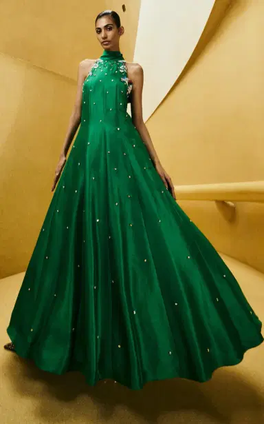 La Fuori Lush Emerald Embroidered Silk Dress | Thumbnail 12