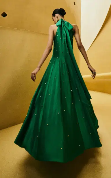 La Fuori Lush Emerald Embroidered Silk Dress | Thumbnail 14