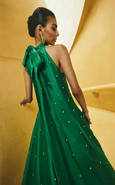 La Fuori Lush Emerald Embroidered Silk Dress | Thumbnail 15