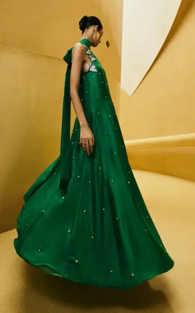 La Fuori Lush Emerald Embroidered Silk Dress | Thumbnail 3