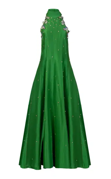 La Fuori Lush Emerald Embroidered Silk Dress | Thumbnail 1