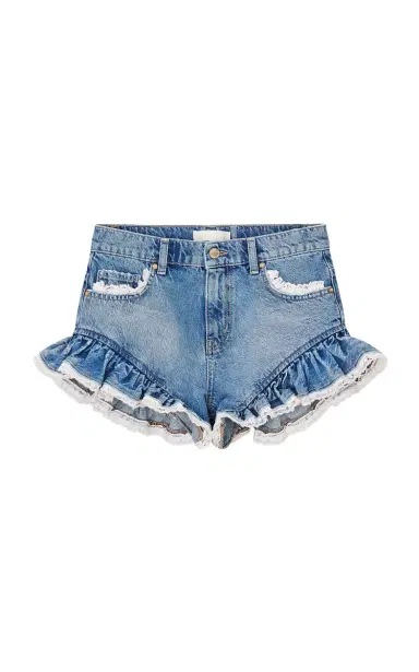 LoveShackFancy Azalure Ruffled Denim Mini Shorts | Thumbnail 1