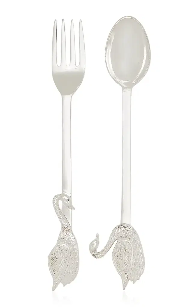 Swan Silver-Plated Serving Spoon and Fork - Silver
