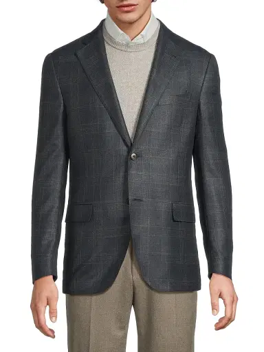 CORNELIANI Men's Plaid Silk-Cashmere Sport Coat - Navy Natural - Size 46 | Thumbnail 3