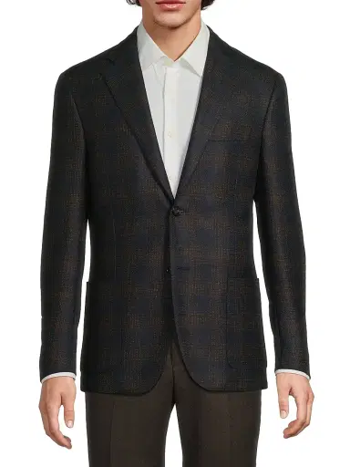 CORNELIANI Men's Windowpane Wool Single-Breasted Blazer - Navy Brown - Size 44 | Thumbnail 3