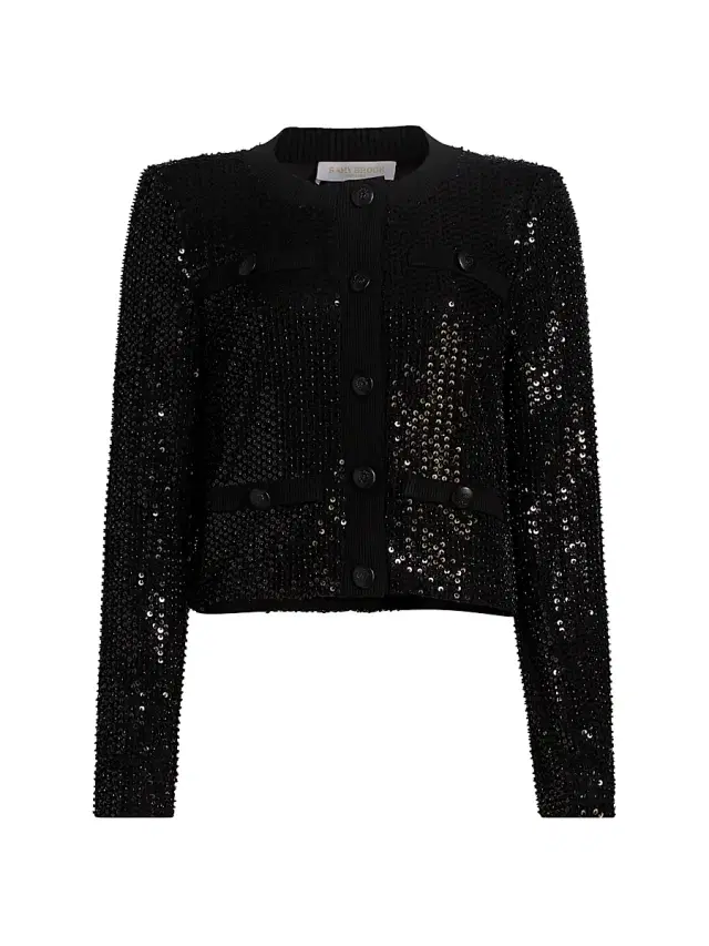 Women's Anna Sequined Collarless Jacket - Black Beaded Mesh