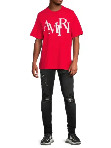 Amiri Men's Staggered Logo Cotton T-Shirt - Red | Thumbnail 2