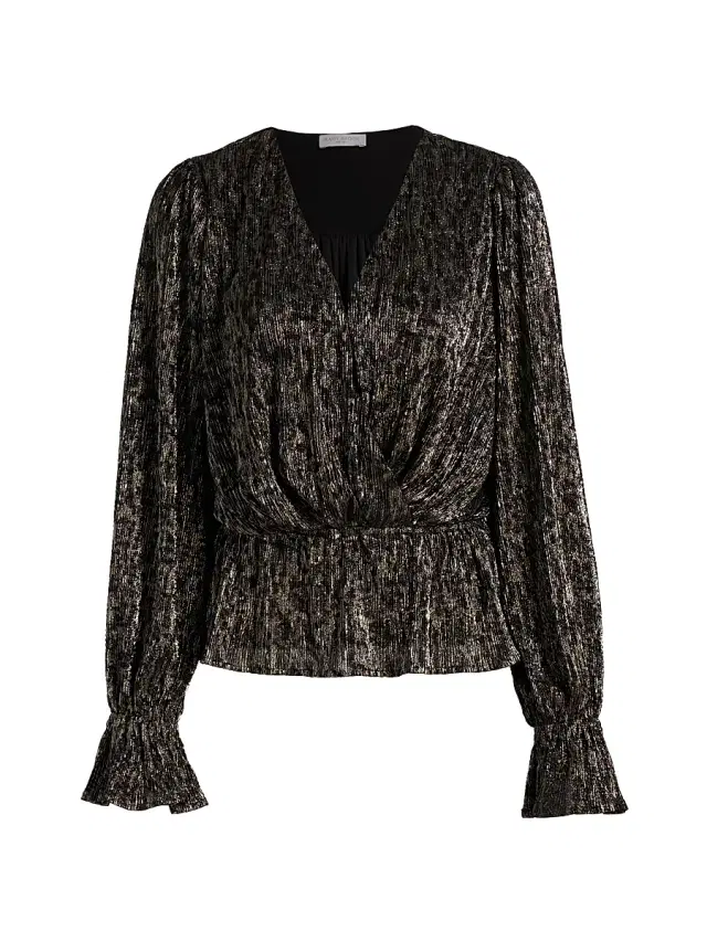 Ramy Brook Women's Jean Cinched-Waist Surplice Top - Black Animal Lame
