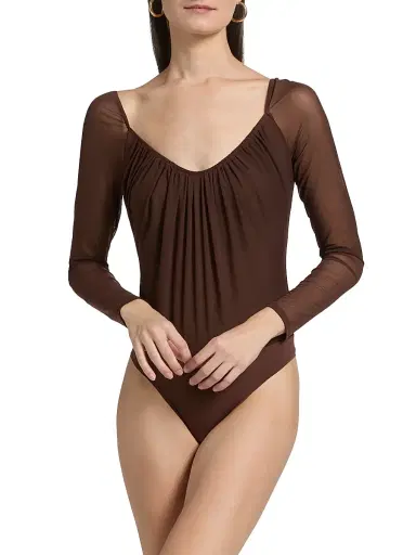 L'AGENCE Women's Gwendolyn Sheer-Sleeve Bodysuit - Chocolate | Thumbnail 6