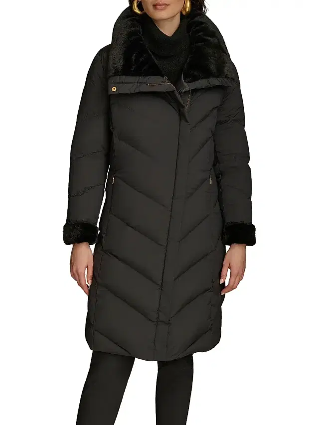 Donna Karan New York Women's Chevron Quilted Down Coat - Black