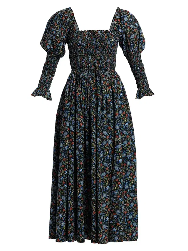 DÔEN Women's Bijou Smocked Floral Cotton Midi-Dress - Noir Prairie De Montagne