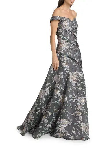 Rene Ruiz Collection Women's Floral Fil Coupé Bias Off-the-Shoulder Gown - Aqua Coral - Size 8 | Thumbnail 2 Rene Ruiz Collection Women's Floral Fil Coupé Bias Off-the-Shoulder Gown - Aqua Coral - Size 8 | Thumbnail 2