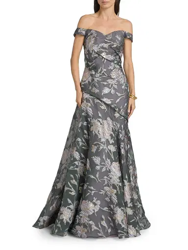 Rene Ruiz Collection Women's Floral Fil Coupé Bias Off-the-Shoulder Gown - Aqua Coral - Size 8 | Thumbnail 3 Rene Ruiz Collection Women's Floral Fil Coupé Bias Off-the-Shoulder Gown - Aqua Coral - Size 8 | Thumbnail 3