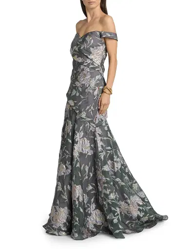 Rene Ruiz Collection Women's Floral Fil Coupé Bias Off-the-Shoulder Gown - Aqua Coral - Size 8 | Thumbnail 4 Rene Ruiz Collection Women's Floral Fil Coupé Bias Off-the-Shoulder Gown - Aqua Coral - Size 8 | Thumbnail 4