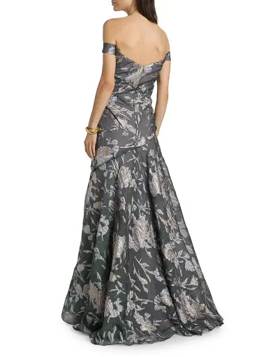 Rene Ruiz Collection Women's Floral Fil Coupé Bias Off-the-Shoulder Gown - Aqua Coral - Size 8 | Thumbnail 5 Rene Ruiz Collection Women's Floral Fil Coupé Bias Off-the-Shoulder Gown - Aqua Coral - Size 8 | Thumbnail 5