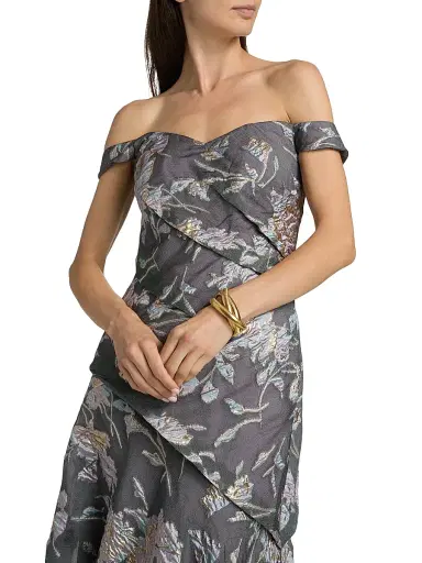 Rene Ruiz Collection Women's Floral Fil Coupé Bias Off-the-Shoulder Gown - Aqua Coral - Size 8 | Thumbnail 6 Rene Ruiz Collection Women's Floral Fil Coupé Bias Off-the-Shoulder Gown - Aqua Coral - Size 8 | Thumbnail 6