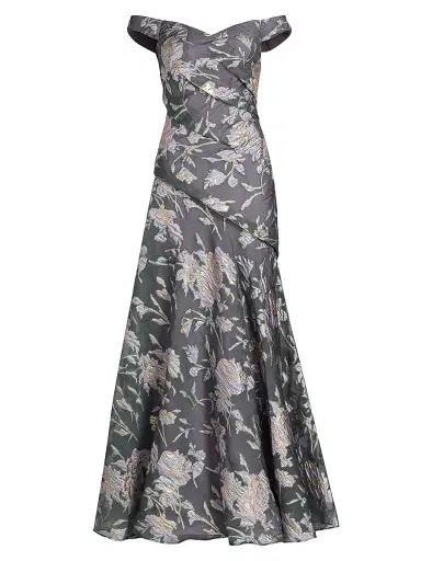 Rene Ruiz Collection Women's Floral Fil Coupé Bias Off-the-Shoulder Gown - Aqua Coral - Size 8 | Thumbnail 1 Rene Ruiz Collection Women's Floral Fil Coupé Bias Off-the-Shoulder Gown - Aqua Coral - Size 8 | Thumbnail 1