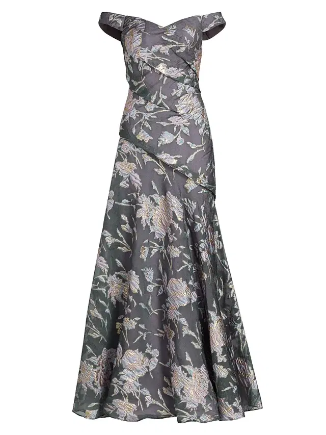 Rene Ruiz Collection Women's Floral Fil Coupé Bias Off-the-Shoulder Gown - Aqua Coral