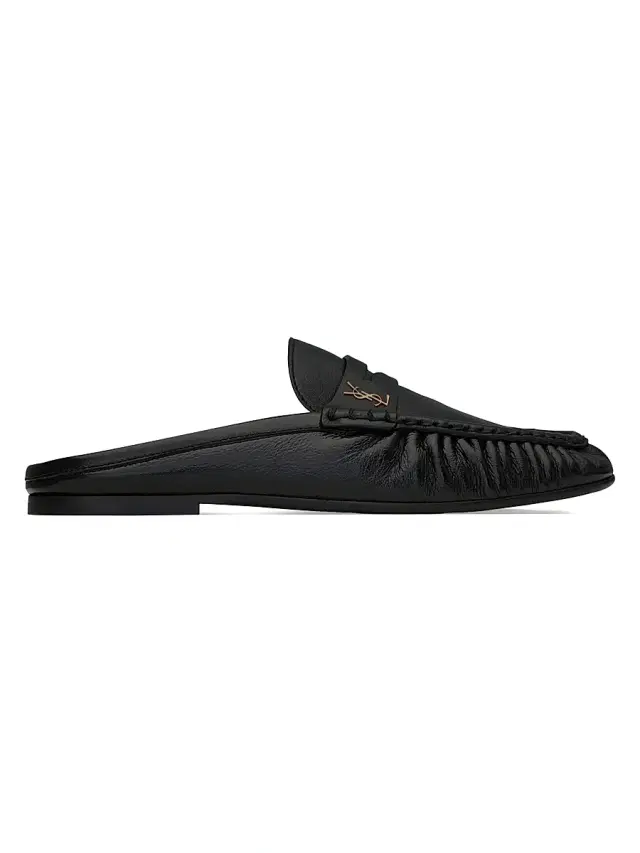 Saint Laurent Women's Le Loafer Mules in Shiny Creased Leather - Black