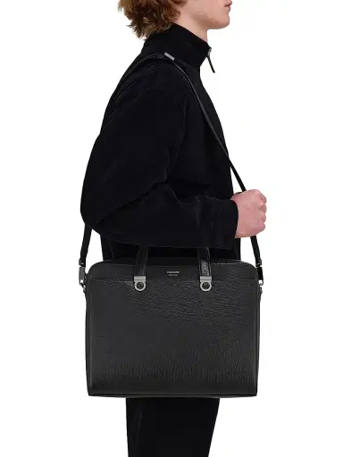 FERRAGAMO Men's Trading Hammered Leather Briefcase - Nero | Thumbnail 2 FERRAGAMO Men's Trading Hammered Leather Briefcase - Nero | Thumbnail 2