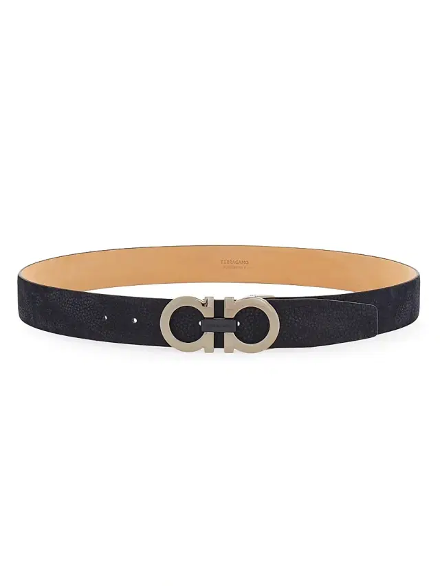 FERRAGAMO Men's Gancini Adjustable Leather Belt - Navy Naturale